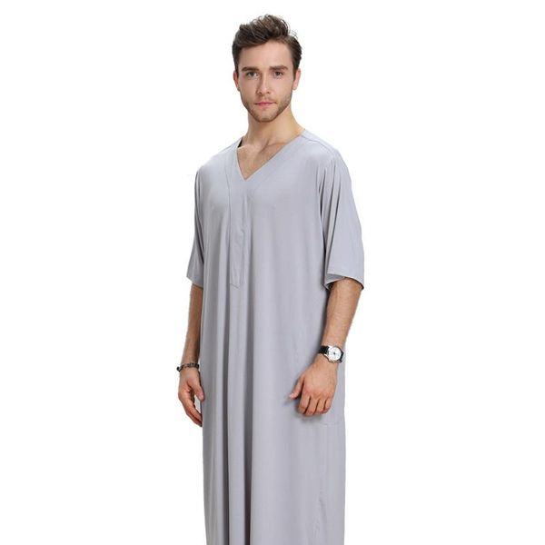 

ethnic clothing abaya kaftan islam muslim arab middle east seven-point v-neck men's robe summer style dubai fashion libya qatar, Red