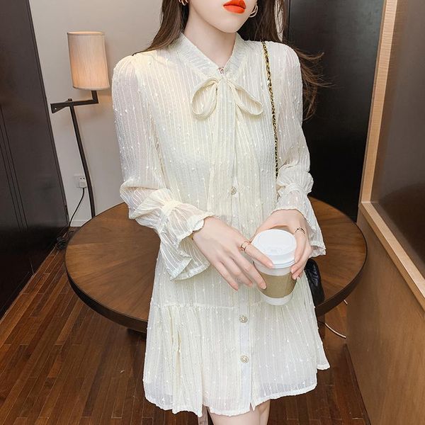 

casual dresses 2021 women sweet autumn summer fairy dress lady korean style vintage chiffon single breasted shirt robe long sleeve bow ruffl, Black;gray