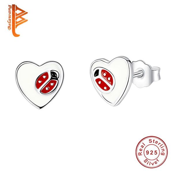 

stud women cute 925 sterling silver small earrings girls child red enamel heart jewelry christmas gift, Golden;silver