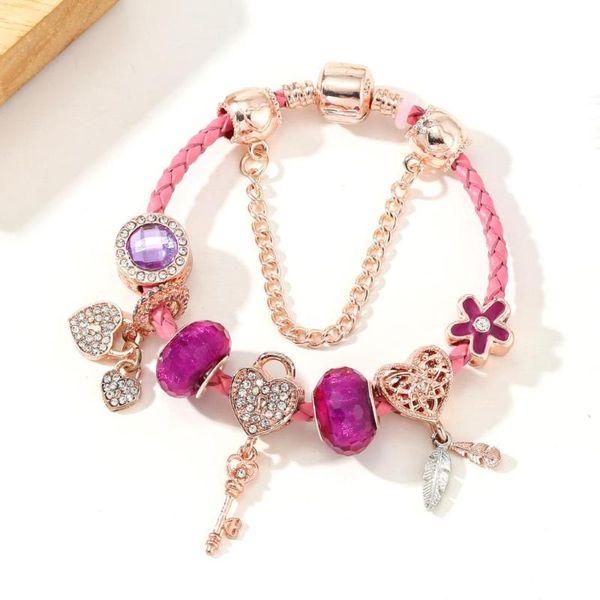 

charm bracelets yexcodes fine girl bracelet wedding party gift two-tone pink braided leather ladies with rose gold beads, Golden;silver