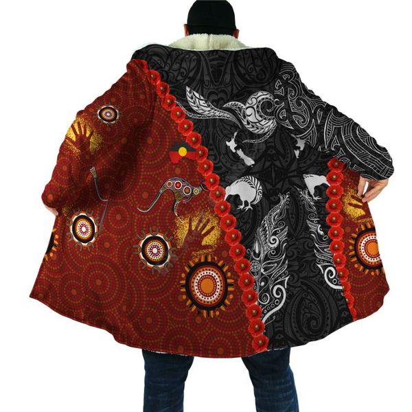 

men's wool & blends winter men for women zealand maori and australia aboriginal 3d printed cloak fleece wind breaker warm hood, Black
