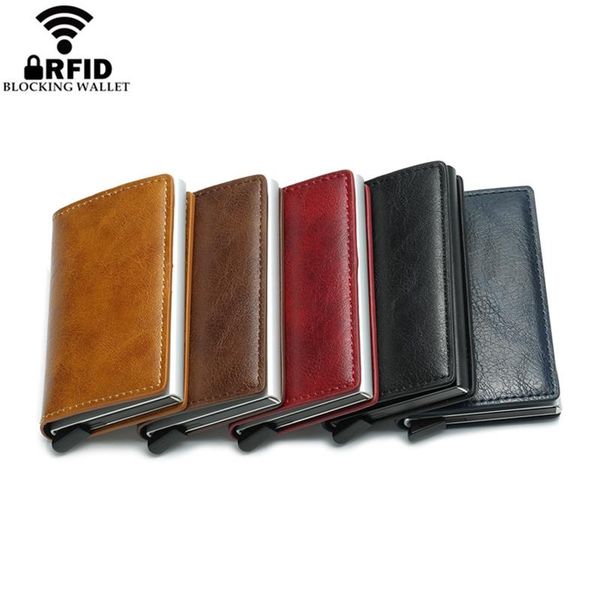 

card holders wholesale antitheft men and women holder rfid aluminium business crazy horse pu leather mini wallet, Brown;gray