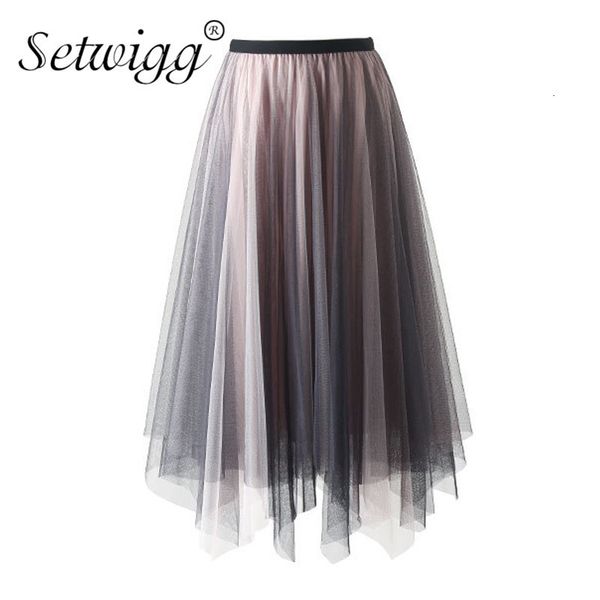 

Skirts skirts Spring Spliced Tulle Contrast Color Asymmetric A-line Long Korean Elastic Waisted Layered Mesh High Low S TBAJ, Black