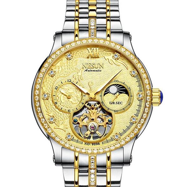 

wristwatches switzerland nesun watch men automatic mechanical men's watches double skeleton 100m waterproof diamond clock n9096, Slivery;brown