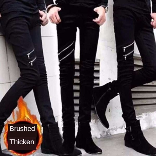 

women's jeans fall and winter youth casual pants black harajuku style zipper fly skinny fashion nightclub men's trousers young 4sp, Blue