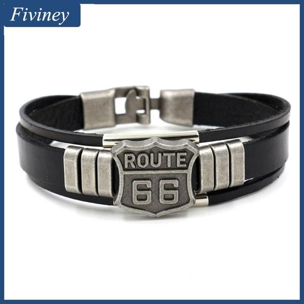 

link, chain fiviney trendy american route 66 printed pattern bracelet men's metal multilayer leather punk jewelry, Black