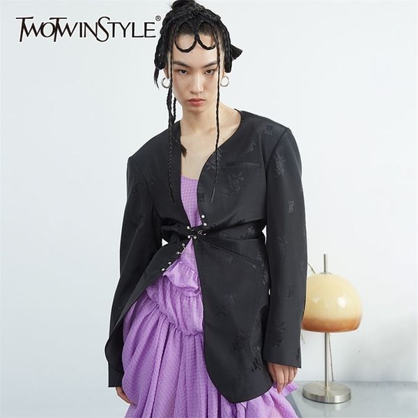 

print black asymmetrical blazer for women irregular collar long sleeve chinese style blazers female fashion 210524, White;black