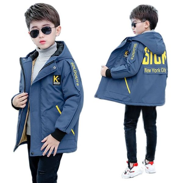 

winter polyester jacket for boy new 2021 korean version plus velvet thickening windbreaker keep warm hooded childrens clothing, Blue;gray