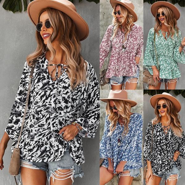 

women's blouses & shirts women blouse print v neck bandage casual loose fashion female flare sleeve office lady blusas mujer camisas, White