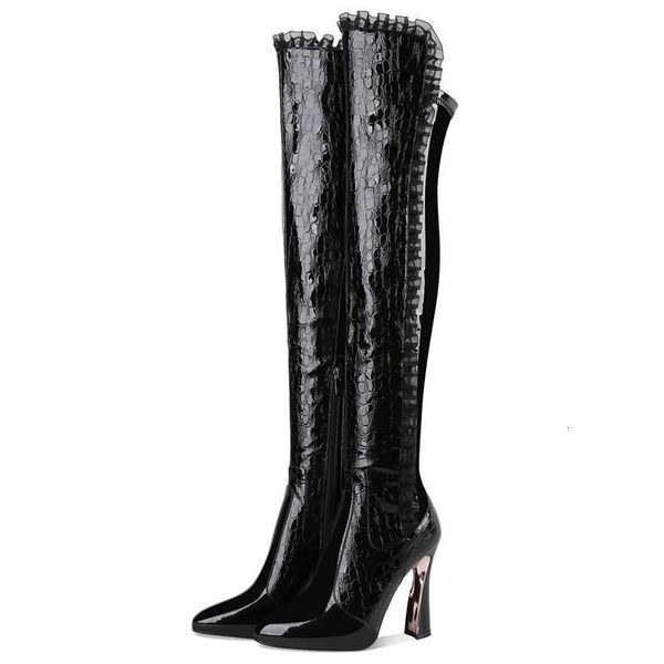 

pointed toe runway stilettos leather metallic over the women fashion super heels knee high boots woman r4q4, Black