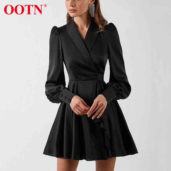 

ootn satin red women dresses lantern sleeve belt high waist pleated short dress v-neck elegant black a-line ladies dress 210413, Black;gray