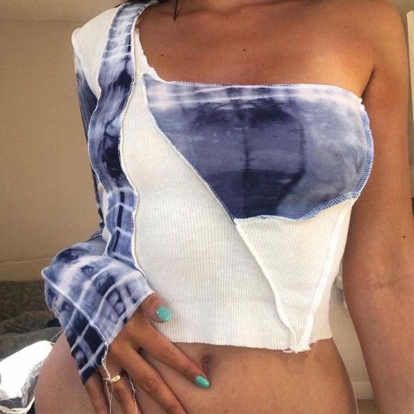 

women's t-shirt 2021 long sleeve one-shoulder parthwork print backless tshirt spring women fashion streetwear casual outfits, White