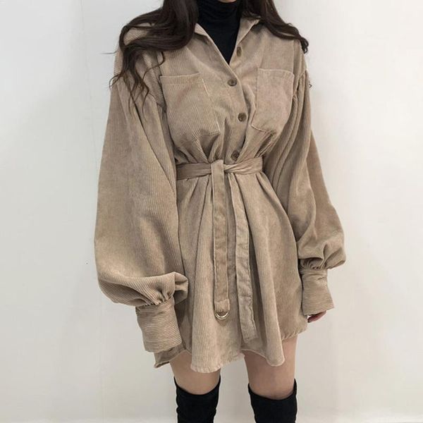 

casual dresses zoki loose women chic corduroy shirt dress elegant belt tunic lantern long sleeve high waist vintage autumn pocket vestidos l, Black;gray