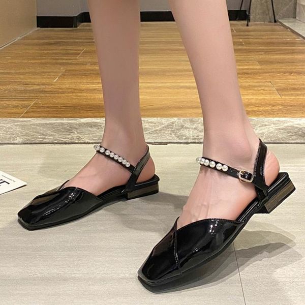 

rimocy fashion pearl square toe sandals women black patent leather ankle strap pumps woman comfortable low heel shoes ladies