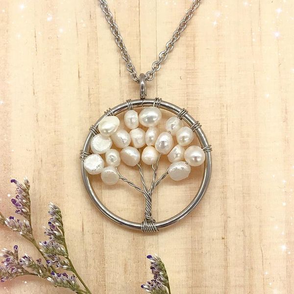 

pendant necklaces 50mm big circle tree charm dangle lucky life gifts real baroque pearls natural freshwater, Silver
