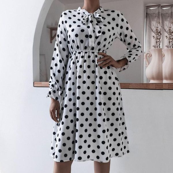 

casual dresses 40# polka dot elegant dress women flared sleeve loose knee-length for women long o-neck vestido mujer, Black;gray