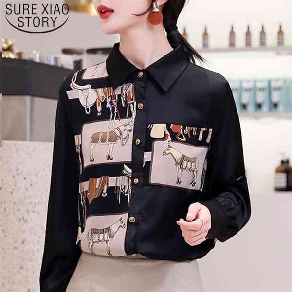 

fashion turn-down collar office lady blouse korean style women vintage long sleeve print shirt black blusas 8166 50 210506, White