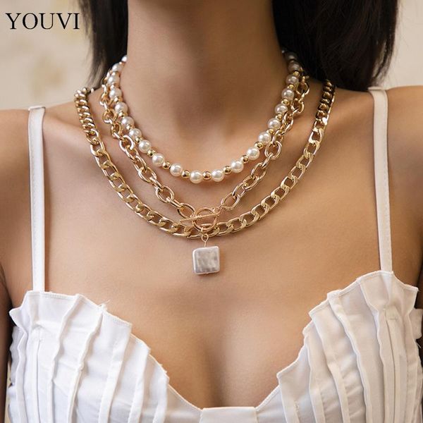 

chains youvi 3pcs grunge choker pearl necklace for women gothic accessories goth circle lock pedants women's jewelry, Silver