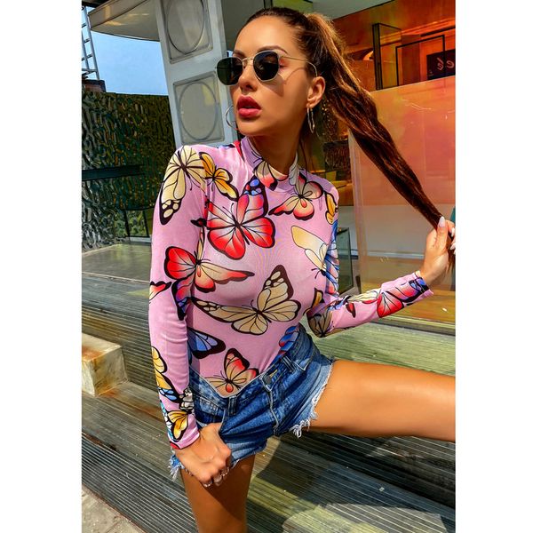 

european and american spring and summer foreign trade wish fashion long sleeve half turtleneck butterfly print t-shirt base womens overa, Black;white