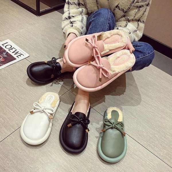 

cover toe fur shoes womens slippers outdoor slides winter footwear butterfly-knot low fashion plush 2021 luxury flat, Black