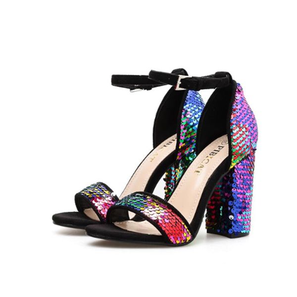 

summer 2021 women's shoes sandals chunky with sequins and colorful, Black