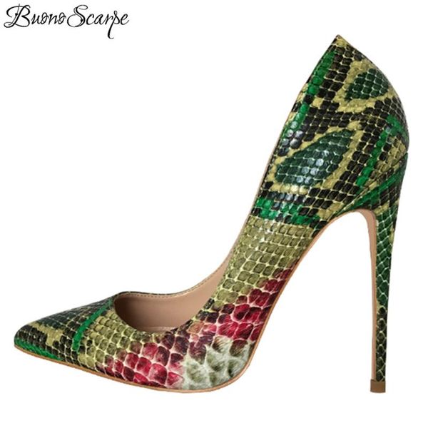 

dress shoes buonoscarpe snake pattern high heel pumps women party shallow mouth green pointed toe big size 44eu, Black