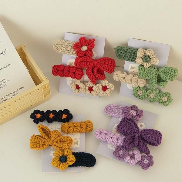 

hair accessories 4pcs/set girls cute knitted flower bowknot hairpins kids sweet clips barrettes ornament fashion, Slivery;white