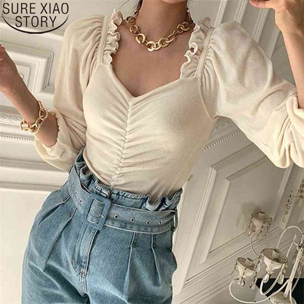 

pleated shirts puff sleeve elegant cotton blouse women ruffles spring square collar lady chic s 12904 210506, White