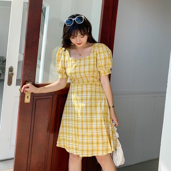 

casual dresses women's summer plaid square collar bow pierced puff sleeve commuter dress plus size knee length wear 100 kg can be worn, Black;gray