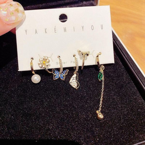 

dangle & chandelier mixed styles trendy flower butterfly earrings ear cuff gold color cubic zirconia set, Silver