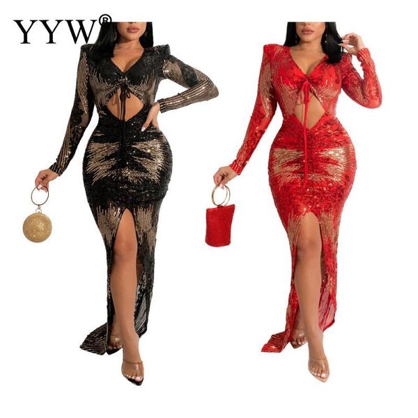 

party dresses hollow sequins deep v-neck long cocktail mermaid high slit floor length vestidos de noche night gown black, White;black