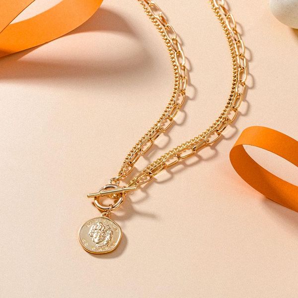 

pendant necklaces lovr punk vintage layered portrait coin pendan necklace set chunky thick link chains choker for women jewlery gifts, Silver
