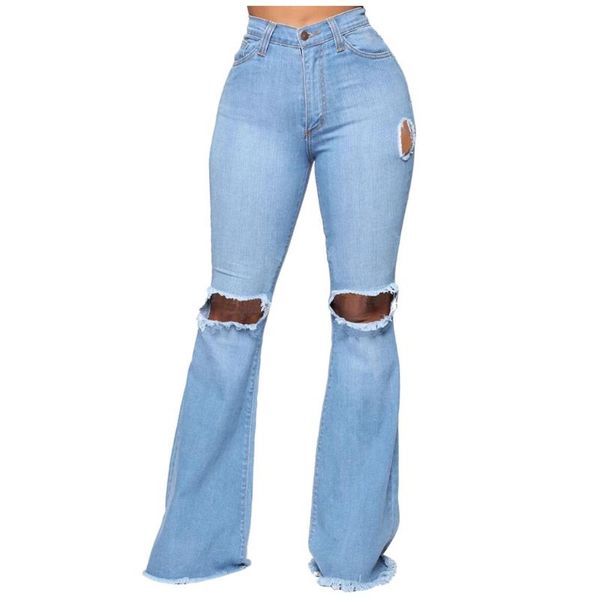 

women's jeans womens hole button zipper pocket casual denim flares wide leg slim pants, Blue