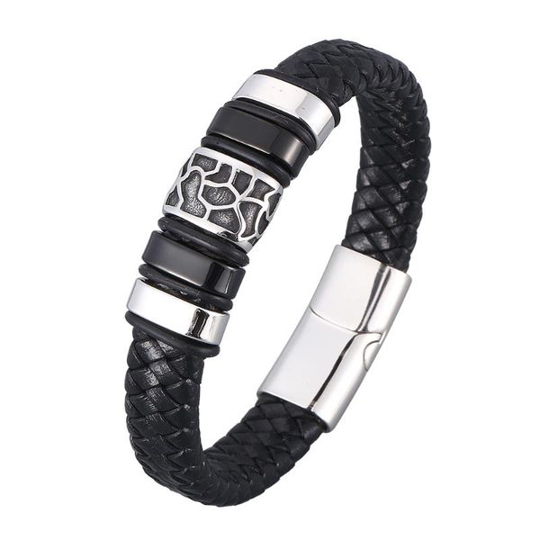 

stainless steel charm magnetic black men bracelet leather genuine braided punk bangles male jewelry gifts bb0972 bracelets, Golden;silver