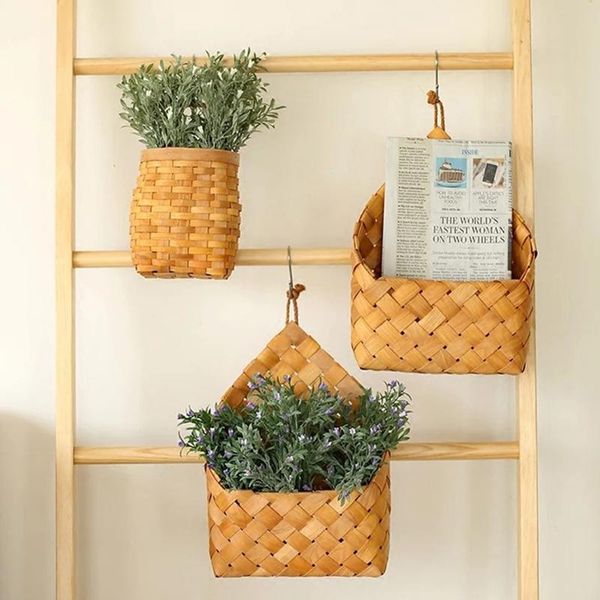 

woven storage baskets handmade hanging for kitchen garden wood wall flower pot fruit vegetable sundries organizer decor