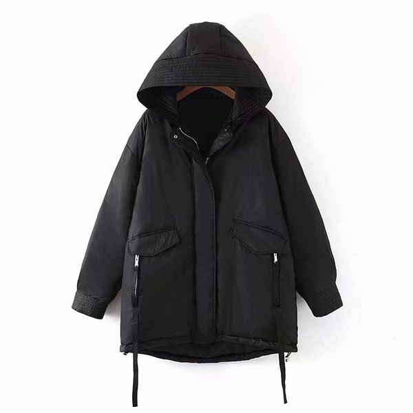 

evfer women casual za black winter thick parkas female fashion elastic drawstring long sleeve zipper hooded autumn jackets chic 210421
