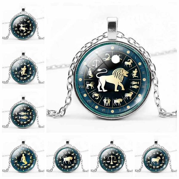 

fashion zodiac pattern necklace 12 constellation round pendant women men gift, Silver