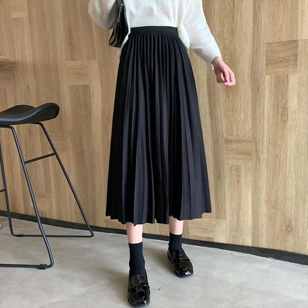 

winter draped rib pleated womens skirt elastic high waist long autumn ladies quality midi saia, Black
