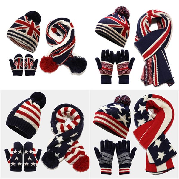 

hat scarf gloves three sets national flag thickened warm and cold suit, Blue;gray