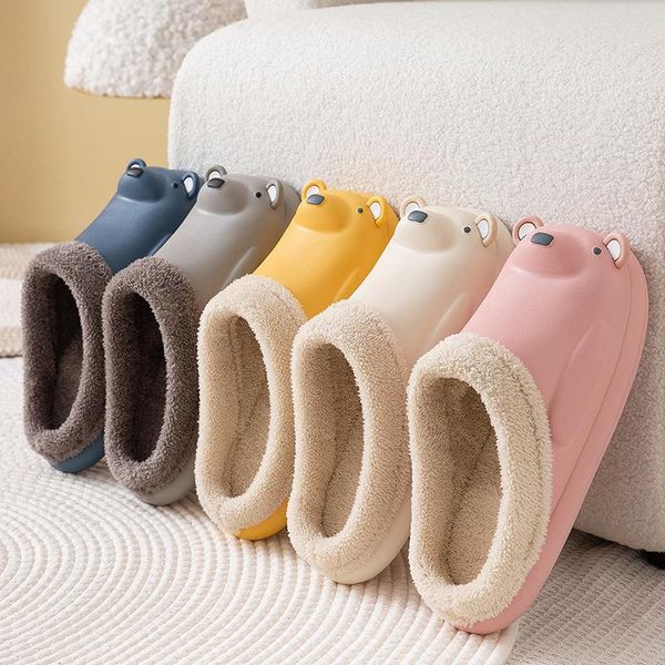 

slippers women winter waterproof warm plush house shoes cute cartoon bear non-slip casual indoor bedroom men's, Black