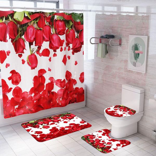 

carpets 4pcs rose petals print bath mat set non-slip bathroom rugs/contour maoilet cover water resistance shower curtain