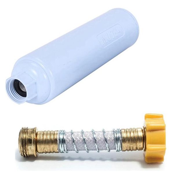 

parts rv water filter with flexible hose protector reduces bad taste, odor and sediment, &
