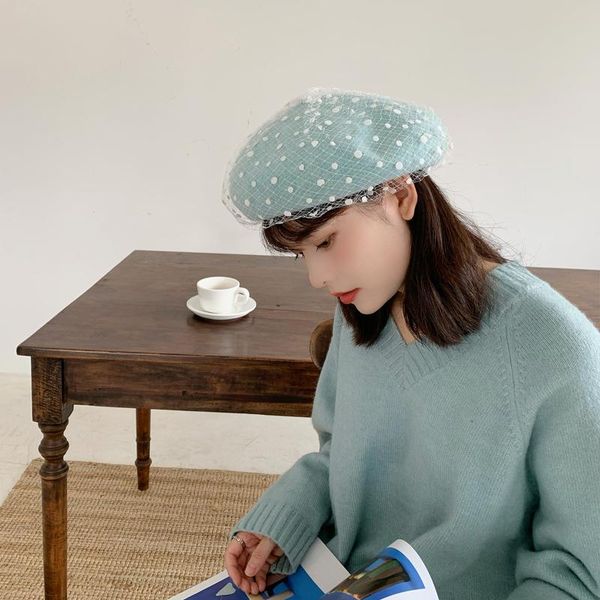 

berets 2021 women chic beret female french vintage elegant beanie hat netting 100% australia wool beanies with veil for party, Blue;gray