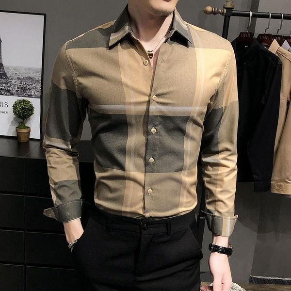 

men's casual shirts men shirt spring 2021 khaki dark blue plaid print long sleeve slim fashion clothing wrinkle, White;black