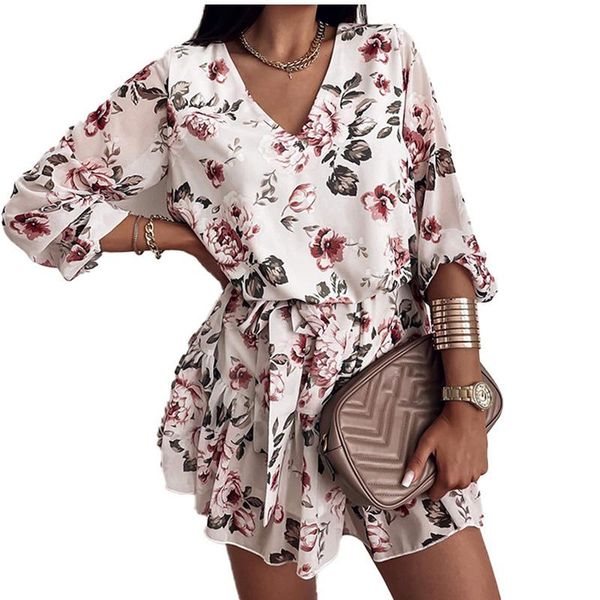 

casual dresses mini boho dress 2021 spring summer fashion floral print v-neck elegant sweet beach party for women robe femme, Black;gray