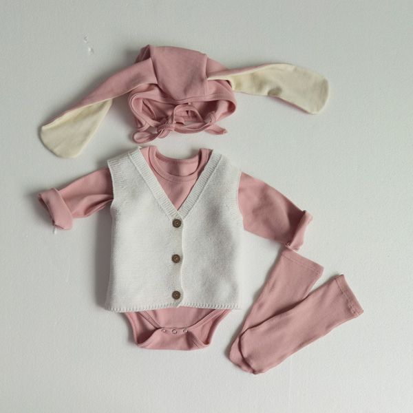 Nette Bodysuits Neugeborene Baby Mädchen Kleidung Set Baumwolle Jumpsuit + Kaninchen Ohrhut + Socken Herbst Baby Outfits Set Kinder Strick Cardigan 210413