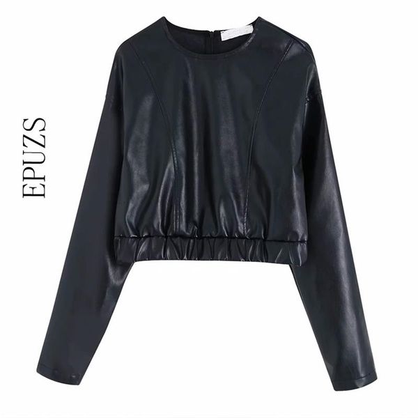 

womens pu leather t shirt women crop long sleeved faux black t streetwear cropped za ts 210521, White