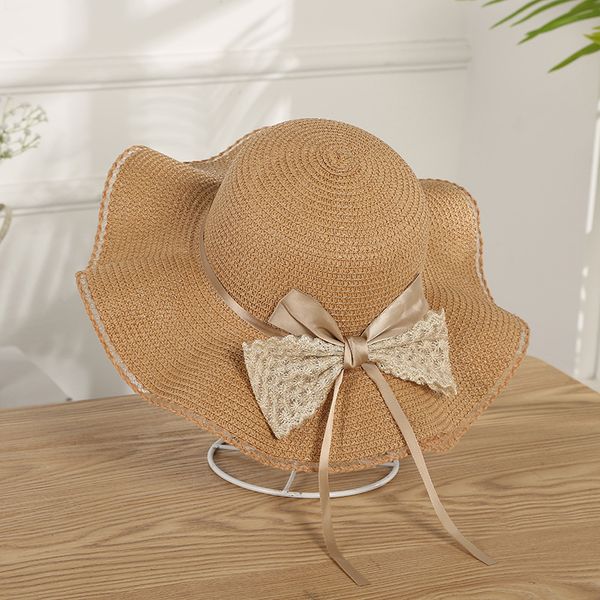 

spring and summer female cool hat beach straw hat bowknot sun hat big brim fashion wave brim sun hats, Blue;gray