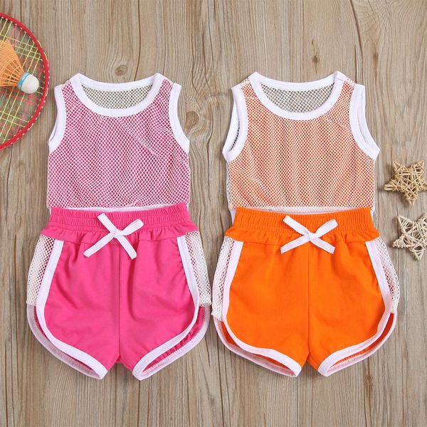 

clothing sets summer casual baby girls sports clothes set contrast color hollow out sleeveless round-neck + side split shorts, White