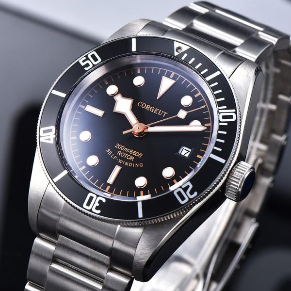 

wristwatches corgeut schwarz bay men miyota automatic mechanical watch sport swim clock leather wrist watches, Slivery;brown